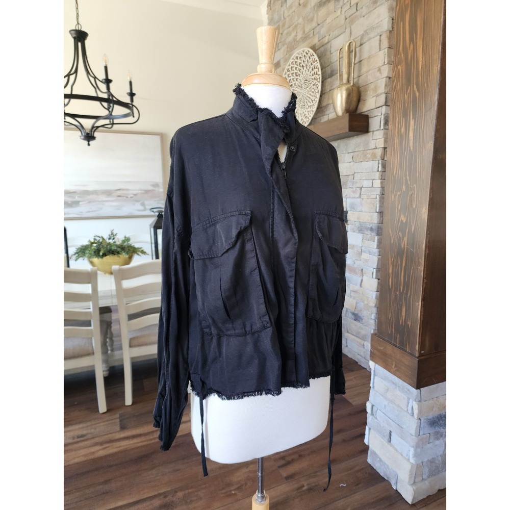 Dear John Womens S Jacket Zip Up Frayed Hem Unstructured Soft Black Mock Neck